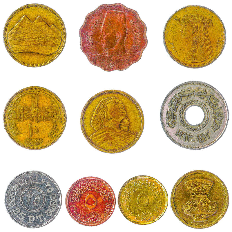 Egypt 10 Mixed Coins | Egyptian Currency | Qirsh Pound Piastres Milliemes | Hawk of Qureish | Cleopatra | Tutankhamun | 1958 - 2022