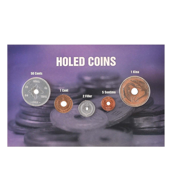 Holed Coins | 5 Coin Set with Holes | Papua New Guinea | Philippines | Hungary | East Africa | Laos