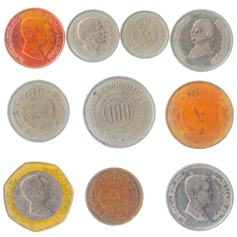 Jordan 10 Mixed Coins | Dinar | Qirsh | Piastres | Arabic symbols | Jordanian Kings | 1949 - 2020