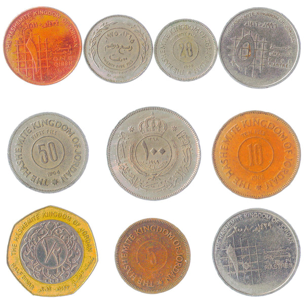 Jordan 10 Mixed Coins | Dinar | Qirsh | Piastres | Arabic symbols | Jordanian Kings | 1949 - 2020