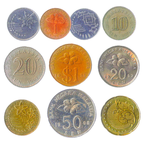 Malaysia 10 Mixed Coins | Sen | Ringgit | Agong | Traditional Malaysian Symbols | 1967 - 2022