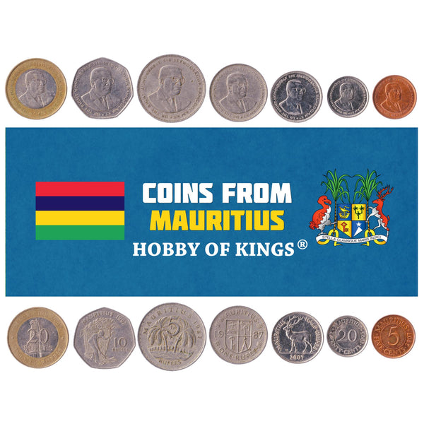 Mauritian 7 Coin Set ½ 1 5 10 20 Rupees 5 20 Cents | Sugar Cane | Palm | Deer | Bank of Mauritius | Seewoosagur Ramgoolam | Key | 1987 - 2010