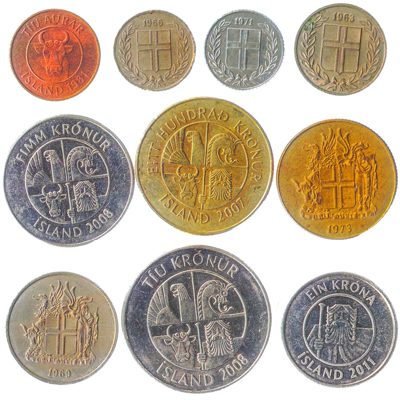 Mixed Iceland Coins | Scandinavian Island | Icelander Money | Aurar Krona Kronur | Capelin and Skate Fish | Squid | Shrimp | Codfish | Dolphins | Crab | Lumpfish | 1946 - 2011