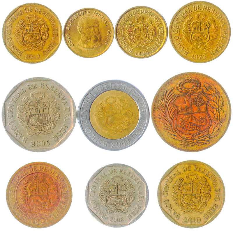 Peru 10 Mixed Coins | peruvian Currency | Centimo | Intis | Nuevo Soles | Chimu civilization | 1966 - 2020