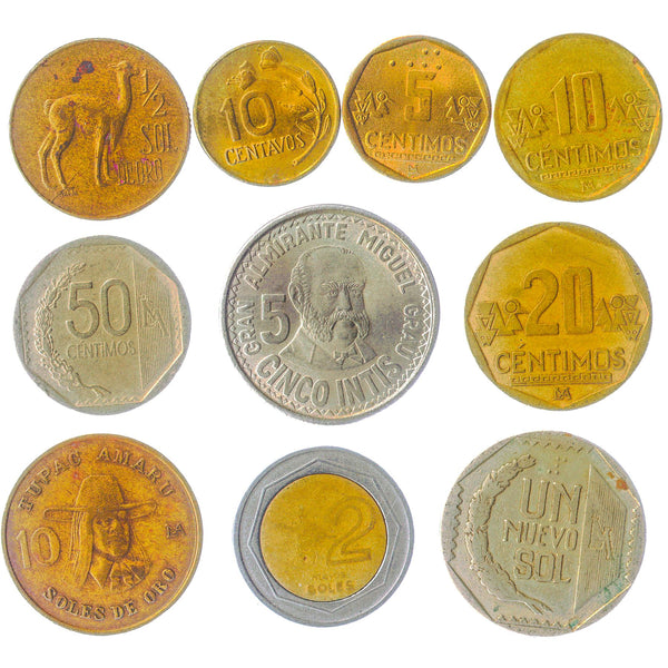 Peru 10 Mixed Coins | peruvian Currency | Centimo | Intis | Nuevo Soles | Chimu civilization | 1966 - 2020