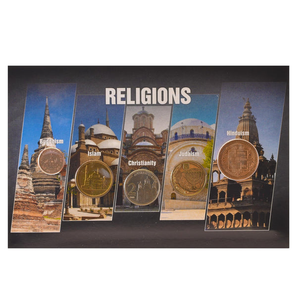 Religions of the World | 5 Coin Set | Buddhism | Islam | Christianity | Judaism | Hinduism | Temple | Mosque | Hanukkah