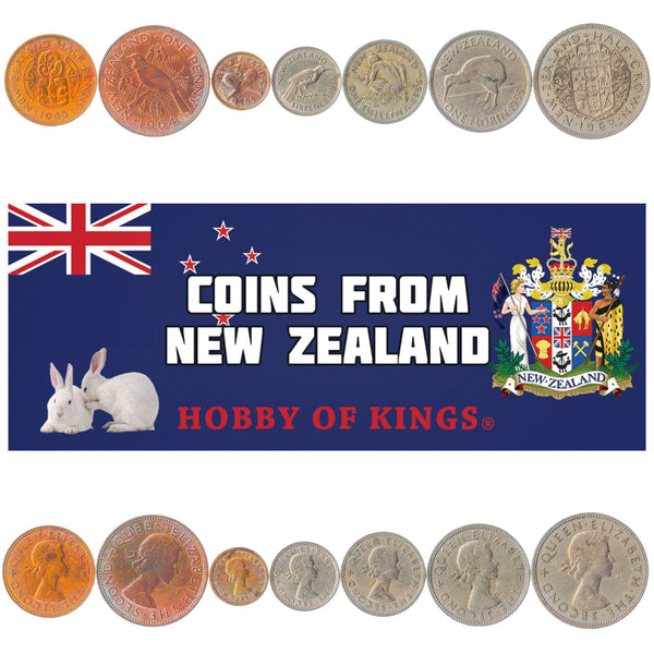 Set 7 Coins New Zealand 1/2 1 3 6 Pence 1 Shilling 1 Florin 1/2 Crown 1956 - 1965