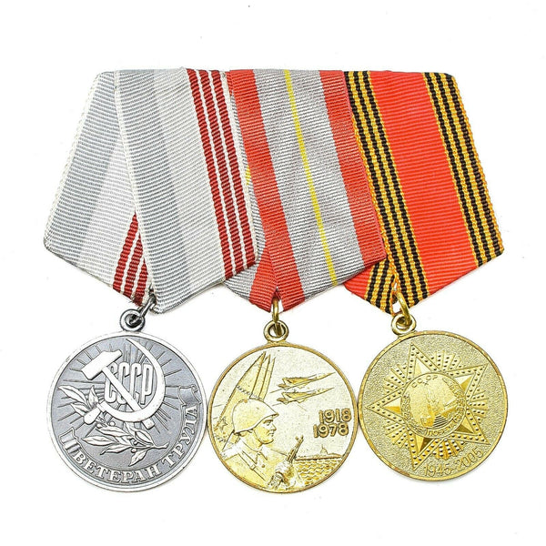 Soviet Russian Set 3 Medals With Ribbons Military WW2 Veteran Awards Army Badges