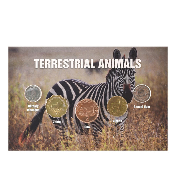 Terrestrial Animals | 5 Coin Set | Barbary Macaque | Zebra | Cow | Vicuna | Bengal Tiger