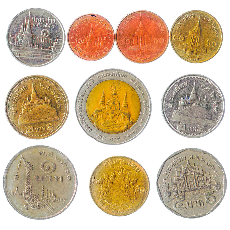 Thailand 10 Mixed Coins | Satang | Baht | Budhist Temples | Garuda | Rama IX | Rama X | 1950 - 2020
