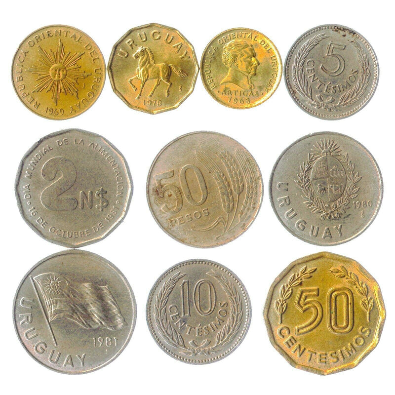 Uruguay 10 Mixed Coins | Centesimos | New Pesos | Radiant sun | Exotic Animals | 1968 - 2020