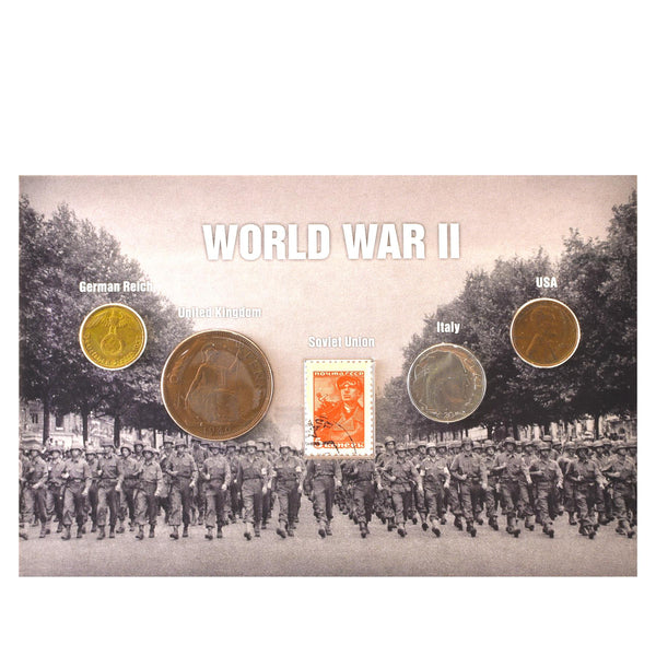 World War II | 4 Coin Set and Soviet Postage Stamp | German Reich | United Kingdom | Italy | USA | 1939 - 1945